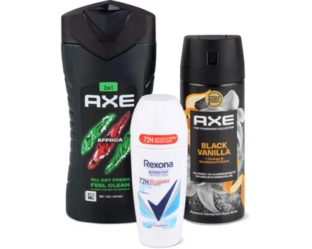 Alle Axe- und Rexona-Duschen sowie -Deos