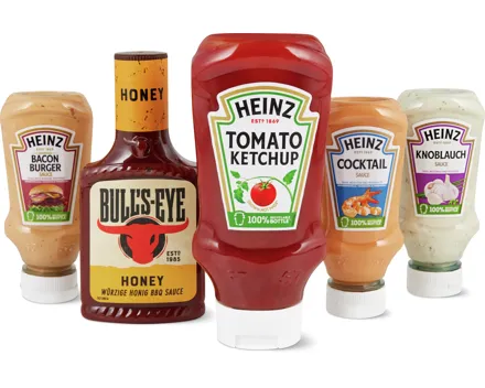 Alle Heinz-Ketchup-, -Mayonnaise-, -BBQ-Saucen sowie Bull’s Eye Grillsaucen