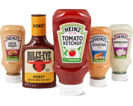 Alle Heinz-Ketchup, -Mayonnaise und -BBQ Saucen sowie Bull’s Eye Grillsaucen