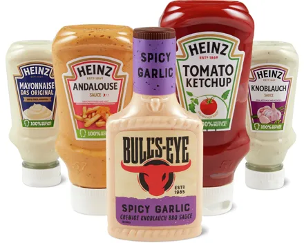 Alle Heinz-Ketchups, -Mayonnaisen und -BBQ-Saucen sowie Bull’s Eye Grillsaucen
