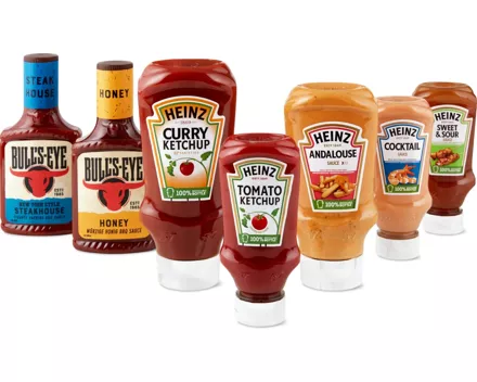 Alle Heinz-Ketchups, -Mayonnaisen und -BBQ-Saucen sowie Bull's-Eye-Grillsaucen