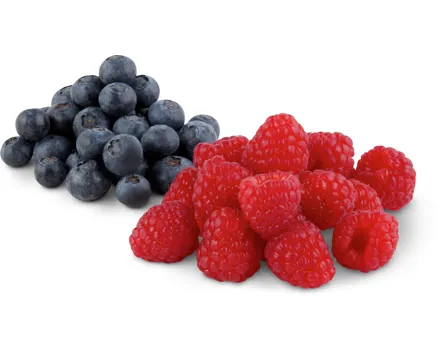 Alle Himbeeren und Heidelbeeren, in Schalen