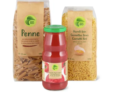 Alle Migros Bio-Teigwaren, -Pastasaucen und -Tomatenkonserven