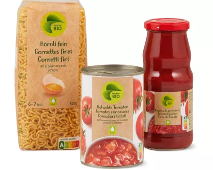 Alle Migros Bio-Teigwaren, -Pastasaucen und -Tomatenkonserven