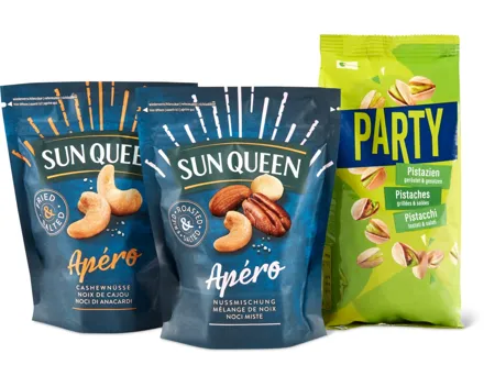 Alle Sun Queen-Apéro- und Party-Nüsse sowie -Nussmischungen, geröstet und gesalzen