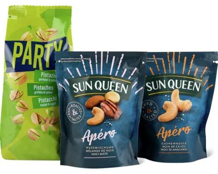 Alle Sun Queen Apéro- und Party-Nussmischungen sowie -Nüsse