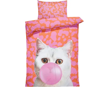 Bettwäsche Micro-Polyester Katze mit Kaugummi orange-pink