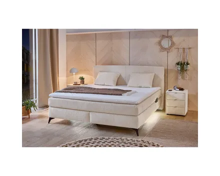 Boxspringbett Kira, Stoff Chenille, 180 x 200 cm, mit LED-Unterflurbeleuchtung beige