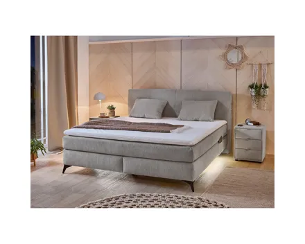 Boxspringbett Kira, Stoff Chenille, 180 x 200 cm, mit LED-Unterflurbeleuchtung mittelgrau