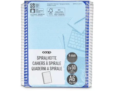 Coop Spiralhefte A6 4mm kariert ohne Rahmen 3 Stück