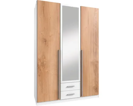 Drehtürenschrank Kuga, Dekor weiss/Plankeneiche, 135 x 197 x 58 cm, mit Spiegel