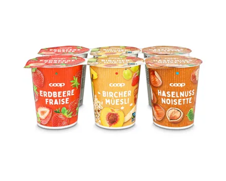Fairtrade Jogurt Erdbeer, Birchermüesli & Haselnuss assortiert 6x180g