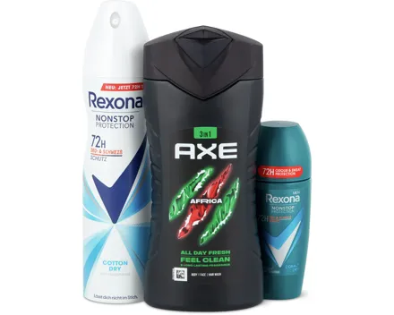 Gesamtes Axe- und Rexona-Dusch- sowie -Deo-Sortiment