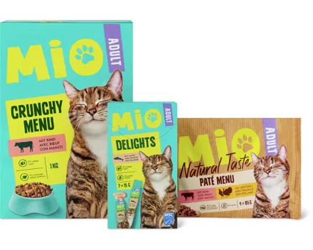 Gesamtes Mio-Katzenfutter- und -Snacks-Sortiment