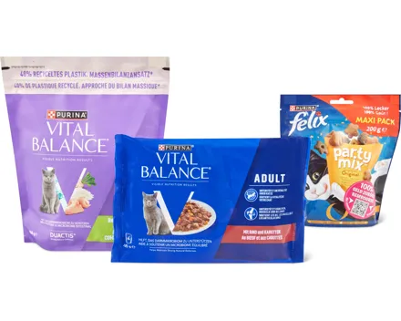 Gesamtes Vital Balance Katzenfutter-Sortiment und Felix Snacks