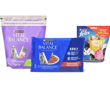 Gesamtes Vital Balance Katzenfutter-Sortiment und Felix Snacks