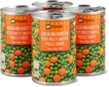 M-Classic-Erbsen und Karotten, -Erbsen fein oder -Apfelmus, 4er-Pack