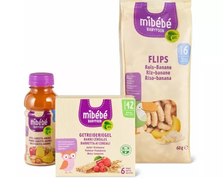 Mibébé-Snacks, -Desserts und -Säfte