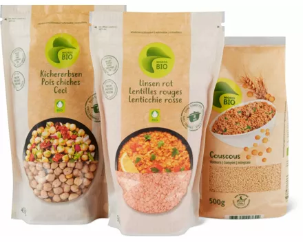 Migros Bio-Linsen, -Quinoa, -Kichererbsen und -Couscous