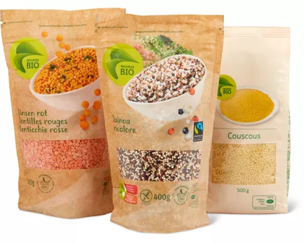 Migros Bio-Quinoa, -Linsen, -Kichererbsen und -Couscous