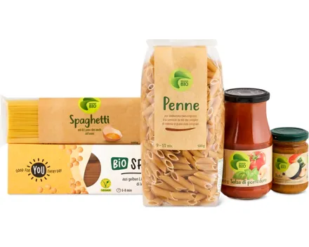 Migros Bio- und You-Teigwaren, -Pastasaucen und -Tomatenkonserven