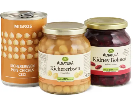 Migros- und Alnatura Bio-Kichererbsen und -Kidneybohnen