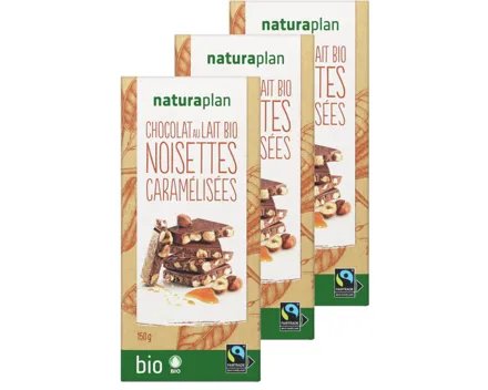 Naturaplan Bio chocolat au lait & noisettes caramélisées 3x150g