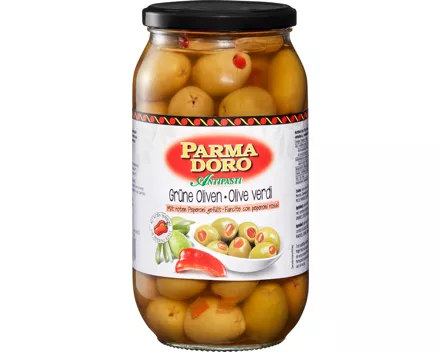 Parmadoro Grüne Oliven gefüllt mit roten Peperoni