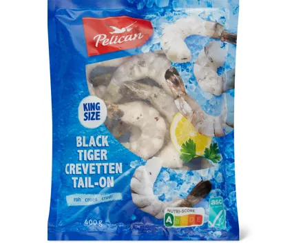 Pelican Black Tiger Crevetten roh, Tail-on, ASC