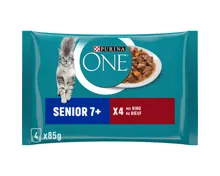 Purina ONE Senior 7+ zarte Stückchen in Sauce mit Rind und Karotten, Katzennassfutter, Beutel 4x85g