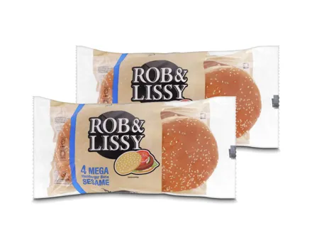 Rob & Lissy Mega Hamburger-Buns mit Sesam 4 Stück 2x 330g