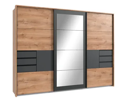 Schwebetürenschrank Luzern Dekor Plankeneiche 270 x 213 x 64 cm, mit Spiegel + Passepartout