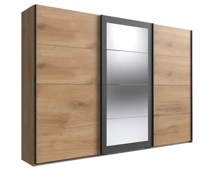 Schwebetürenschrank Minden Dekor Plankeneiche graphit 270 x 210 x 65 cm, mit Spiegel