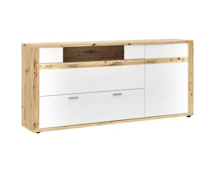 Sideboard Alenas Melamin Artisan weiss 200 x 91 x 40 cm inkl. seitliche LED-Leisten im Rahmen