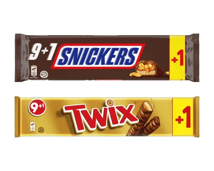 Snickers/Twix 9+1 gratis (Aktion nur in der Deutschschweiz und im Tessin gültig)