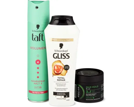 Taft-, Syoss- und Gliss-Haarpflege und -Styling-Produkte