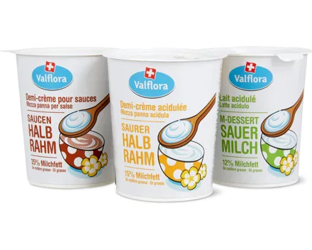 Valflora-Saurer Halbrahm, -Saucenhalbrahm und -M-Dessert