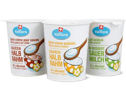 Valflora-Saurer Halbrahm, -Saucenhalbrahm und -M-Dessert