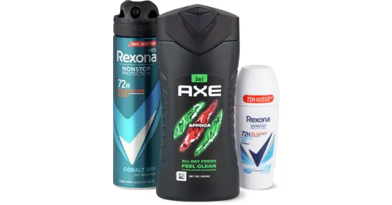 Alle Axe- und Rexona-Duschen sowie -Deos