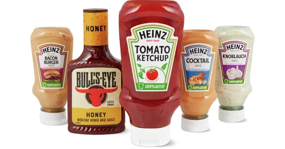 Alle Heinz-Ketchup-, -Mayonnaise-, -BBQ-Saucen sowie Bull’s Eye Grillsaucen