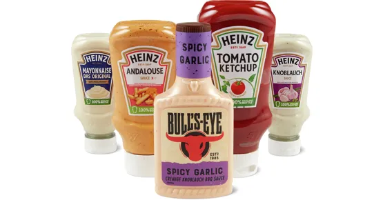 Alle Heinz-Ketchups, -Mayonnaisen und -BBQ-Saucen sowie Bull’s Eye Grillsaucen