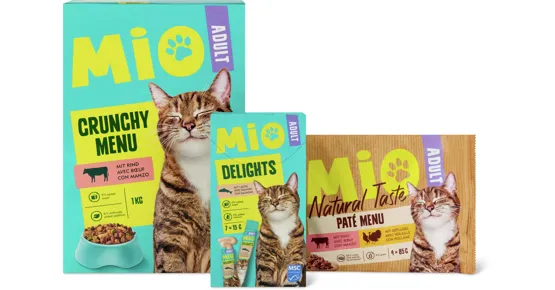 Gesamtes Mio-Katzenfutter- und -Snacks-Sortiment