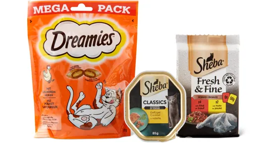 Gesamtes Sheba- und Dreamies-Katzenfutter-Sortiment
