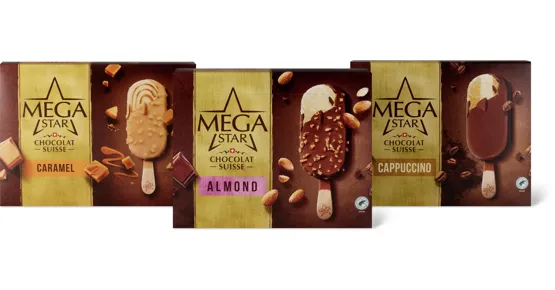 MegaStar-Almond-, -Caramel- oder -Cappuccino-Glace-Stängel, 12er-Pack