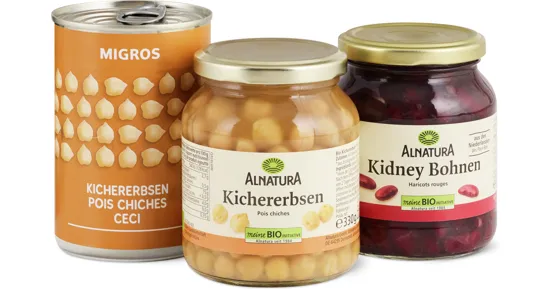 Migros- und Alnatura Bio-Kichererbsen und -Kidneybohnen