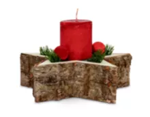 Adventsgesteck, 1 Kerze, rot dekoriert, mit sternförmiger Holzschale Ø 19 cm