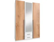 Drehtürenschrank Kuga, Dekor weiss/Plankeneiche, 135 x 197 x 58 cm, mit Spiegel