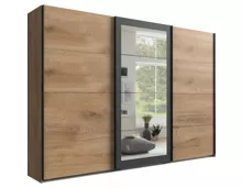 Schwebetürenschrank Minden Dekor Plankeneiche graphit 270 x 210 x 65 cm, mit Spiegel