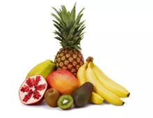 Tragtasche füllen mit Ananas extrasüss, Mango, Avocado, Kiwi grün, Papaya, Banane, Granatapfel