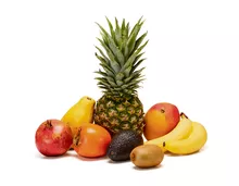 Tragtasche füllen mit Ananas extrasüss, Mango, Avocado, Kiwi grün, Papaya, Banane, Granatapfel, Kaki Persimon